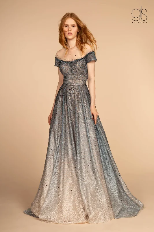 Wedding guest dresses with vintage flair for a throwback vibe -Two Tone Beaded Lace Gown with Short Sleeves by GLS Gloria GL2558