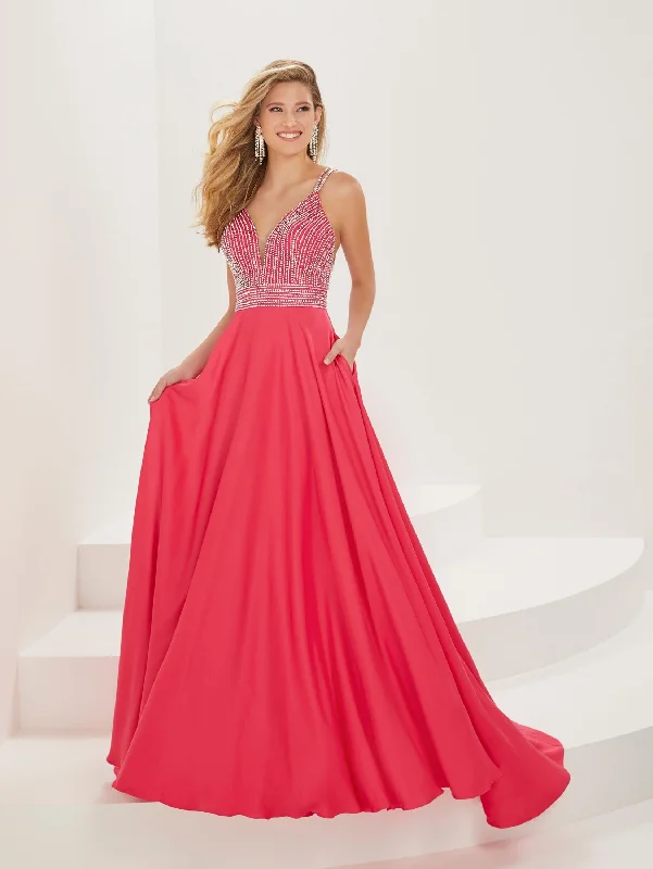 cocktail dresses with velvet finishes for winter warmth --Beaded Crepe Chiffon A-line Gown by Tiffany Designs 16927