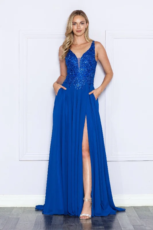 elegant cocktail dresses for summer weddings with floral prints --Embroidered Chiffon Sleeveless Slit Gown by Poly USA 9366