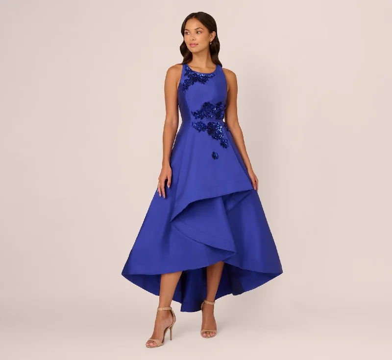 formal dresses for holiday parties in jewel tones --Bead Mikado High Low Long Dress In Ultra Blue