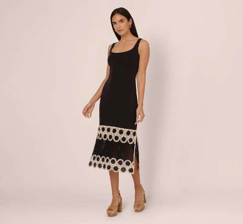 Spring dresses for fall transition with layering options -Crochet Trimmed Sheath Midi Dress With Tank Straps In Black Ecru