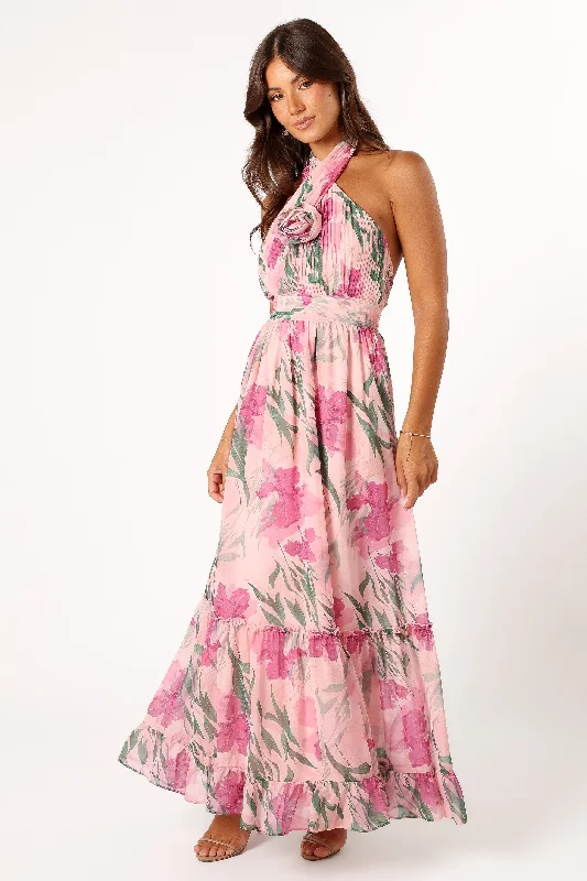 cocktail dresses with halter tops for chic style --Lennon Halterneck Maxi Dress - Pink Floral