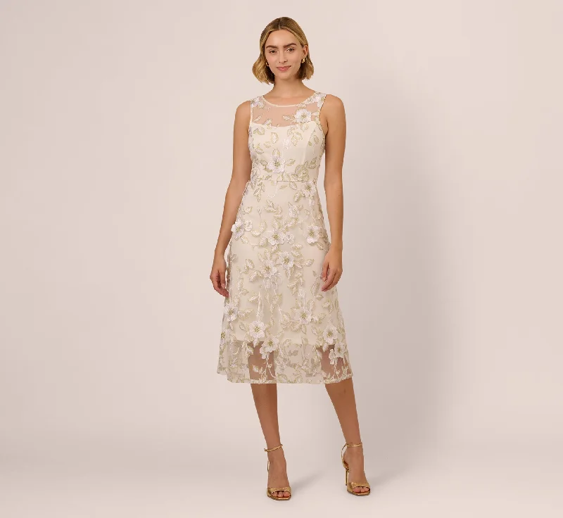 Vintage-inspired spring dresses for a retro vibe -Floral Embroidery Illusion Midi Dress In Ivory Gold