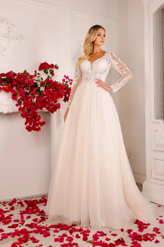 Wedding guest dresses with deep V-necks for added allure -Long Sleeve Tulle Bridal Gown by Abby Lane 97136