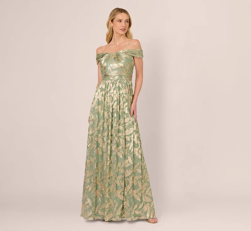formal dresses with floral appliques for romantic looks --Off Shoulder Foil Leaf Crinkle Gown In Sage Gold