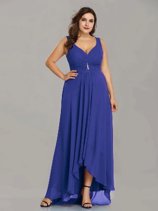 Elegant high-low dresses for fashionable party looks -Double V Neck Rhinestones Ruched Bust High Low Evening Dresses