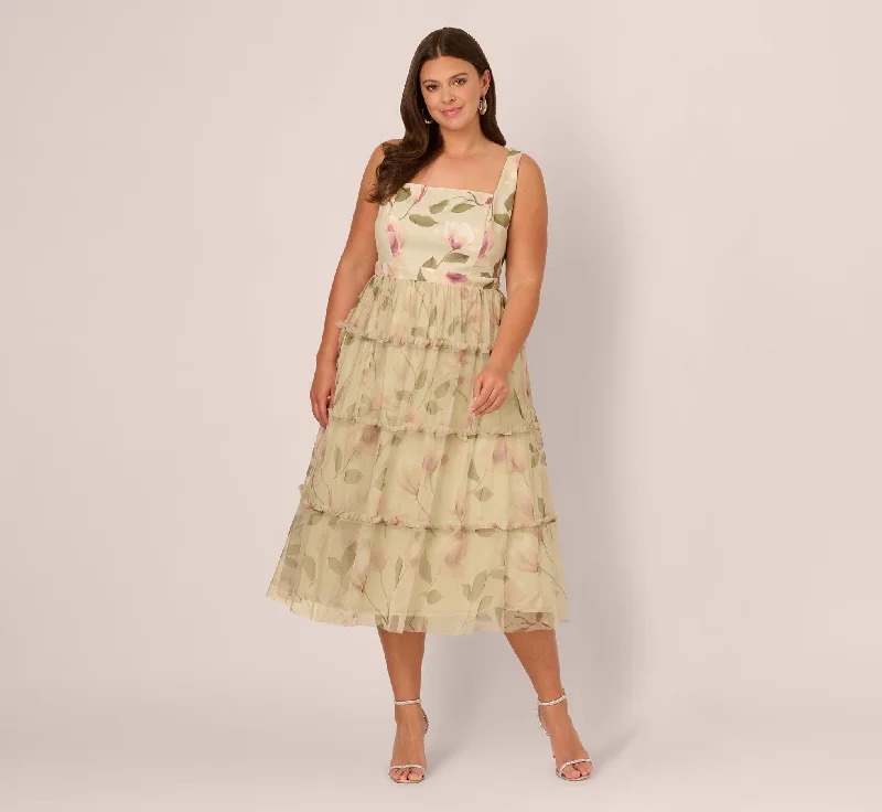 Summer wedding guest dresses in vibrant hues -Plus Size Sleeveless Square Neck Floral Tiered Midi Dress In Green Multi