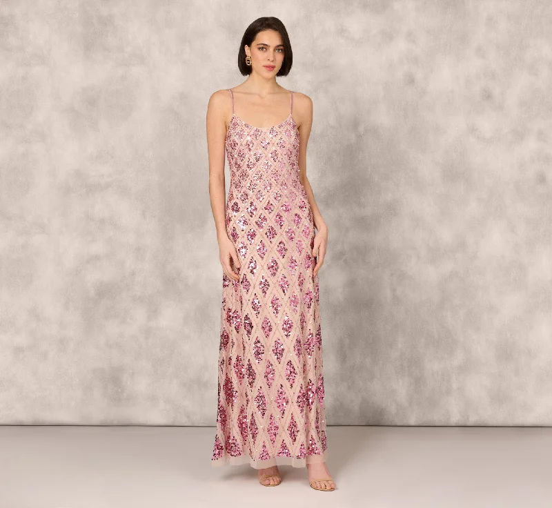 formal dresses with sequined bodices for sparkle --Geometric Sequin Beaded Gown With Scoop Neckline In Pink Multi