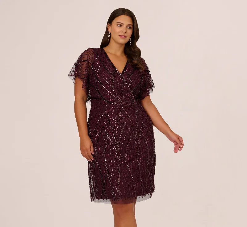 Wedding guest dresses that match well with statement jewelry -Plus Size Beaded Surplice Midi Dress With Dolman Sleeves In Deep Amethyst