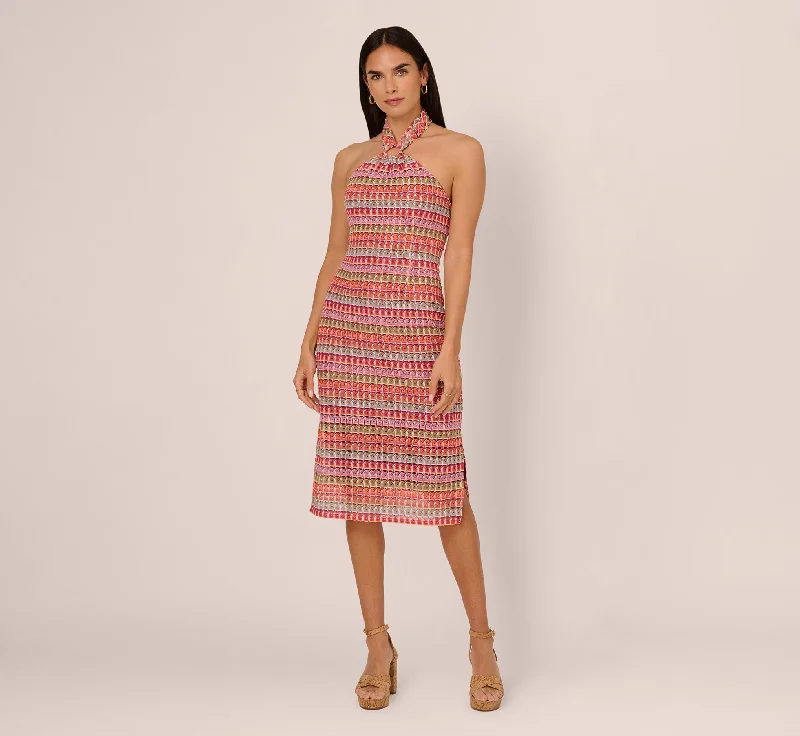 Spring dresses with adjustable straps for a custom fit -Multicolor Crochet Midi Dress With Halter Neckline In Purple Multi