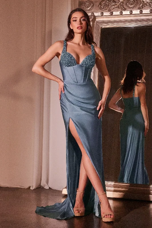 cocktail dresses with pleated skirts for elegant flow --Fitted Beaded Sleeveless Corset Slit Gown by Ladivine CD0231
