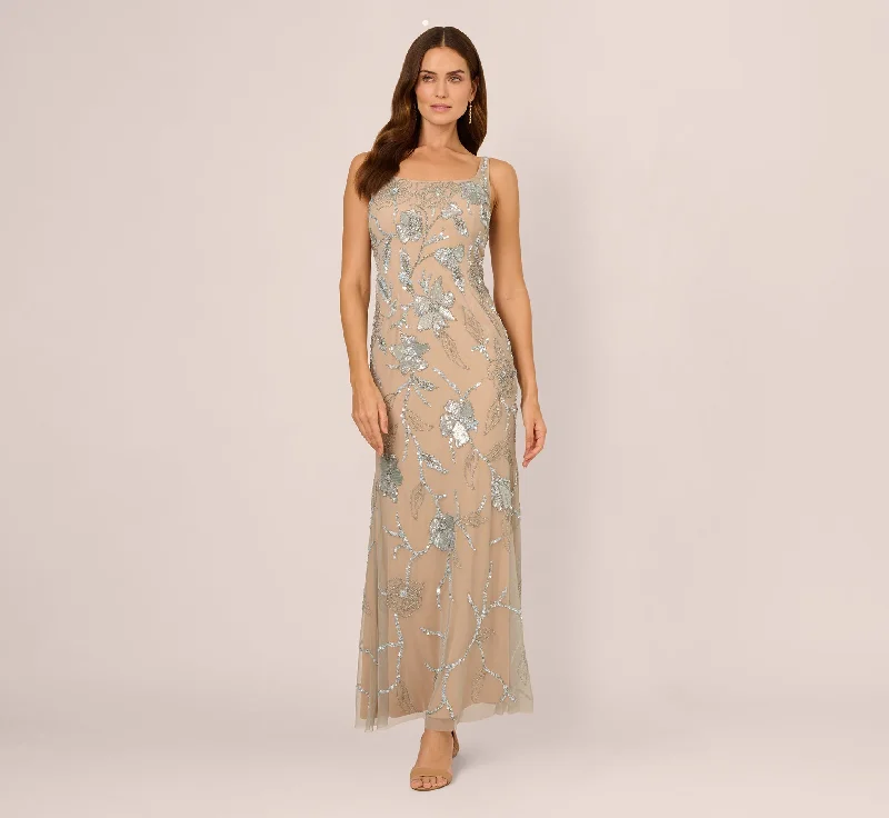formal dresses with detachable capes for dramatic effect --Sleeveless Square Neck Beaded Mermaid Gown In Frosted Sage Nude