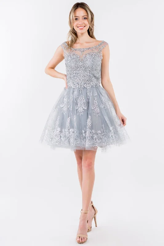 Statement dresses for unique and standout looks -Short Illusion Glitter Print Dress by Elizabeth K GS1964