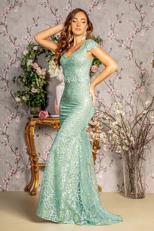 Elegant wedding guest dresses with delicate lace detailing -Fitted Glitter Print Short Sleeve Gown by GLS Gloria GL3414
