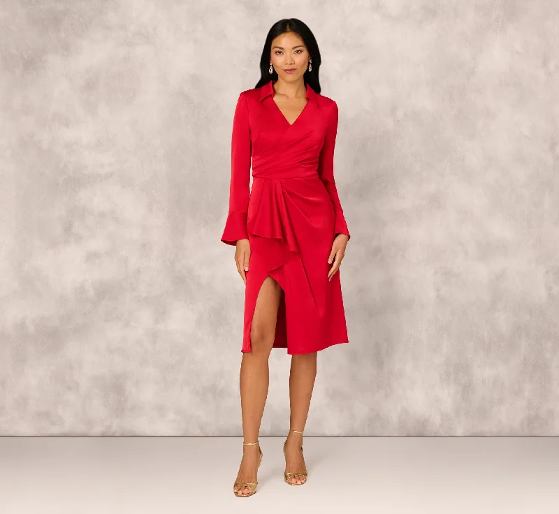 Sophisticated wedding guest dresses with tailored lines and cuts -Crepe Back Satin Midi Dress In Red