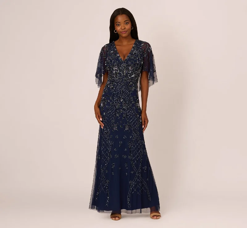 vintage style formal dresses with floral prints --Sequin Beaded Gown With Sheer Cape Sleeves In Light Navy