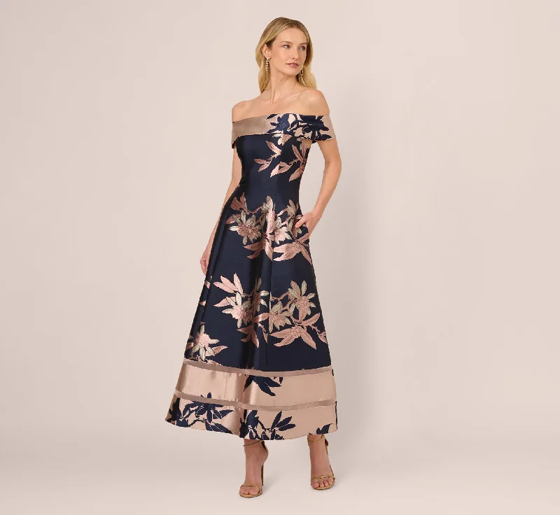 Wedding guest dresses with vintage flair for a throwback vibe -Off Shoulder 2 Tone Jacquard Fit And Flare Midi Dress In Navy Blush