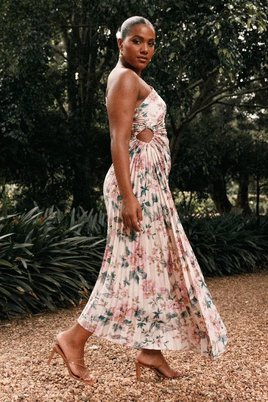 bridesmaid dresses for beach weddings in light breathable fabrics --Kleo One Shoulder Maxi Dress - Pink Floral