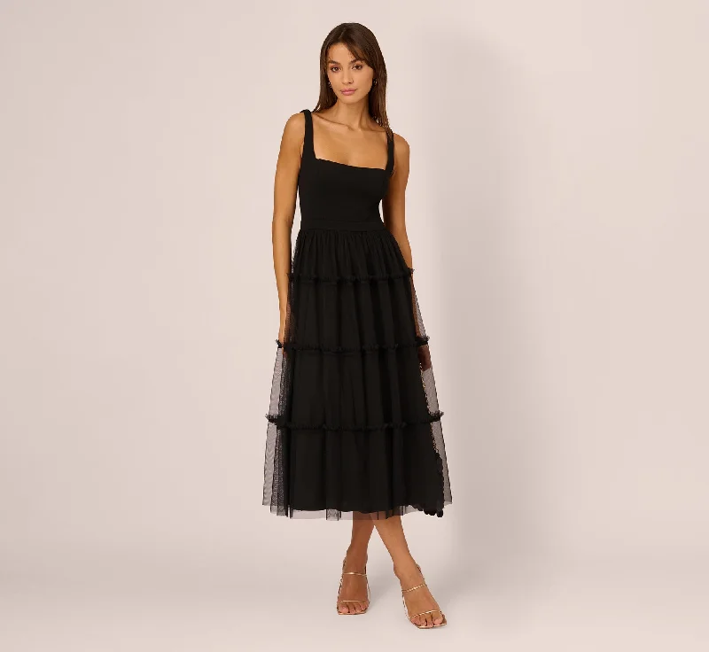 Wedding guest dresses with flattering A-line silhouettes for any occasion -Sleeveless Midi Dress With Square Neck And Tiered Skirt In Black