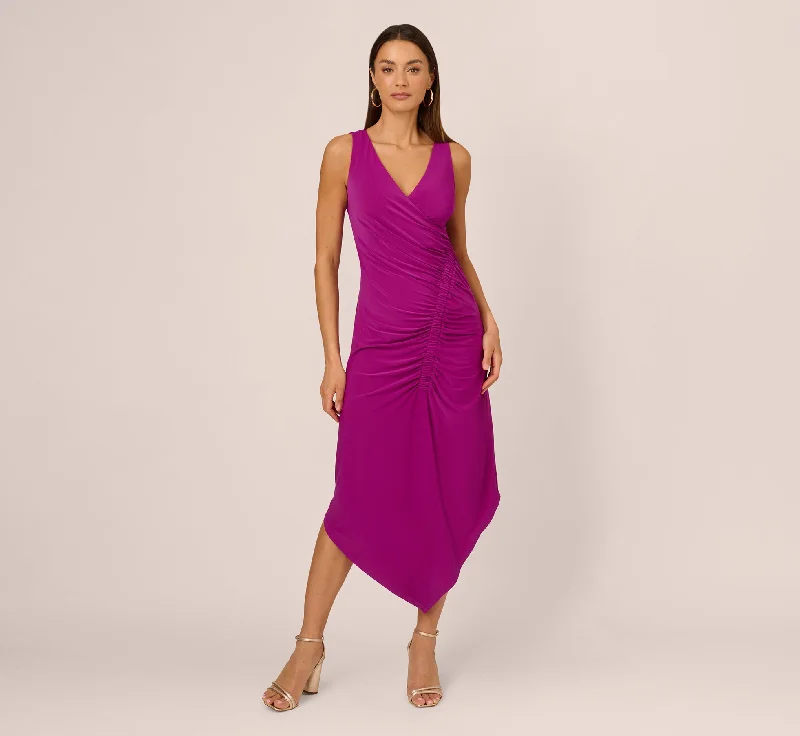 Vibrant spring dresses for a pop of color -Sleeveless Shirred Jersey Midi Dress With Asymmetrical Hem In Wild Magenta