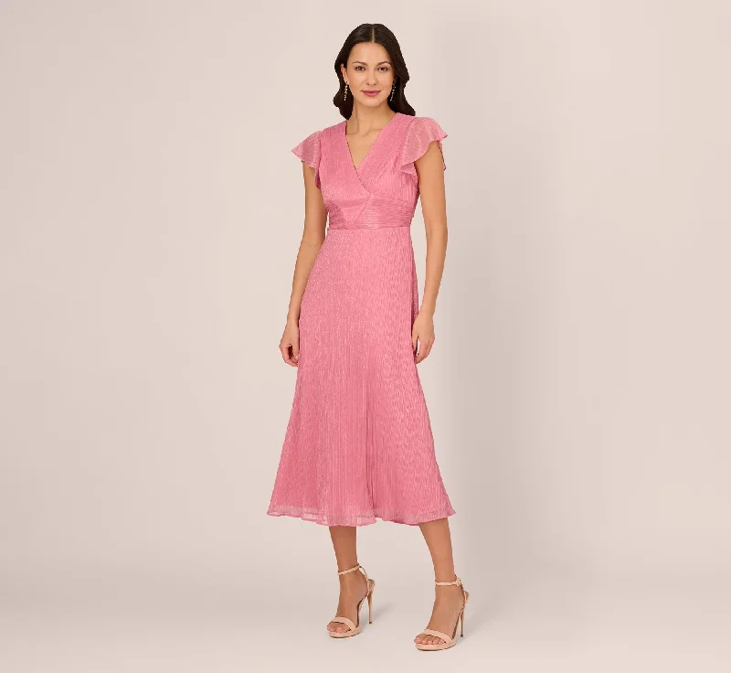 Wedding guest dresses with sheer panels for a sultry look -Crinkle Mesh Midi Dress With Flutter Sleeves In Faded Rose