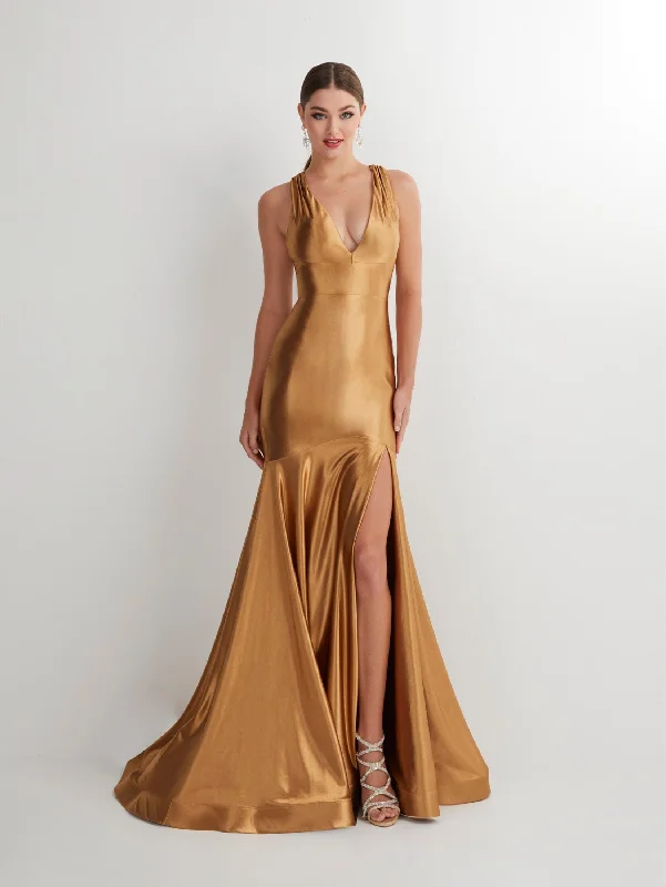 cocktail dresses with high-low hemlines for unique styles --Fitted Satin V-Neck Slit Gown by Studio 17 12890