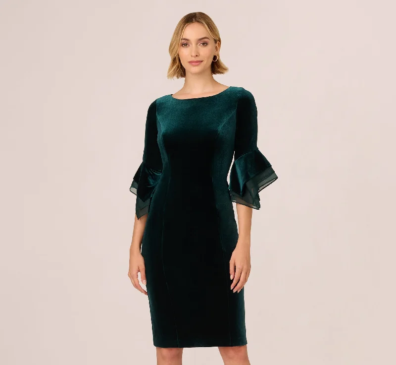 Light cotton spring dresses for warm days -Velvet Sheath Dress With Tiered Three Quarter Sleeves In Hunter