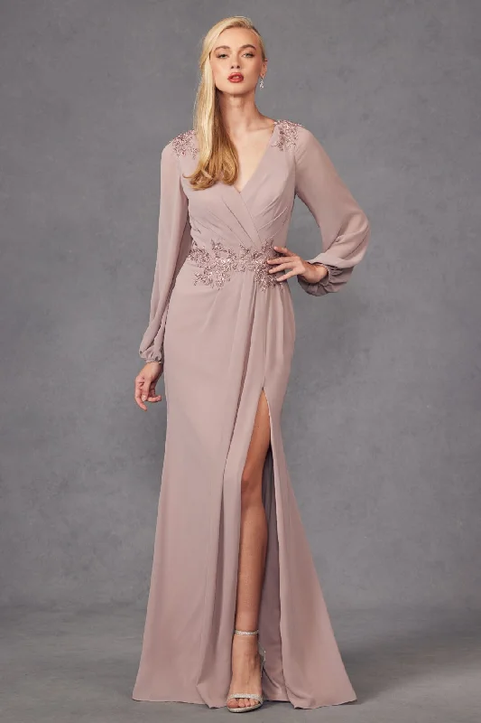 Wedding guest dresses with structured bodices for a polished look -Embroidered Long Sleeve A-line Slit Gown by Juliet JTM16A
