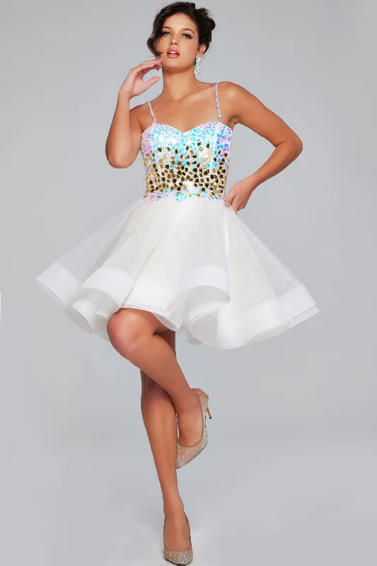 Classy knee-length dresses for cocktail events -Beaded Short Sleeveless A-line Dress by Jovani 40516