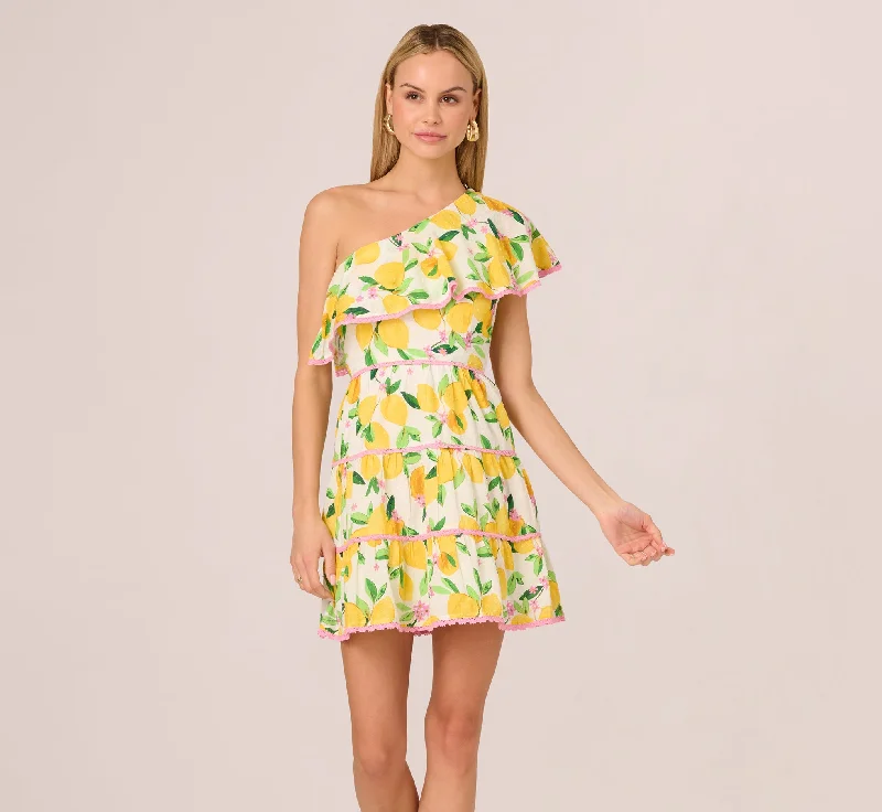 Spring dresses for vacation with an easy-to-wear style -One Shoulder Ruffle Lemon Print Mini Dress In White Multi