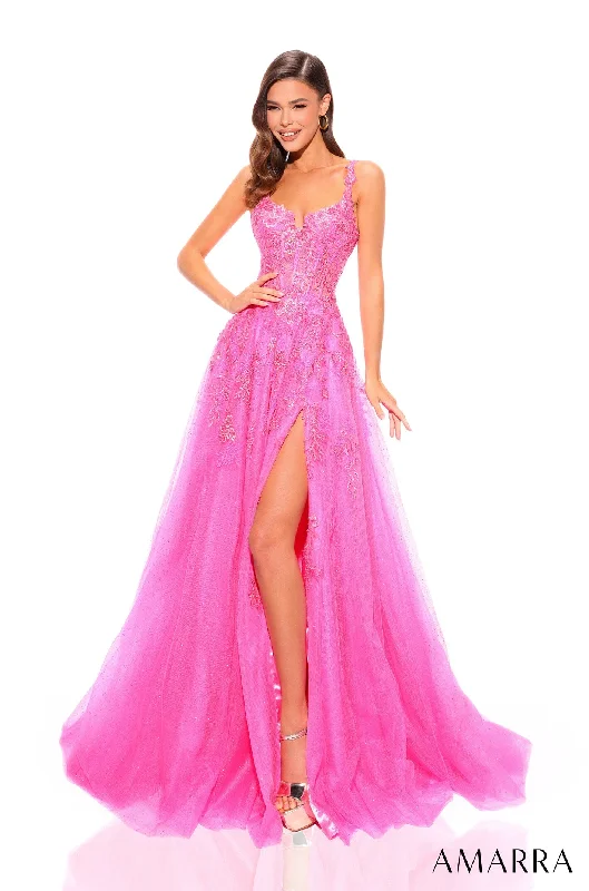 cocktail dresses with floral appliques for spring vibes --Lace Applique Sleeveless A-line Slit Gown by Amarra 88849