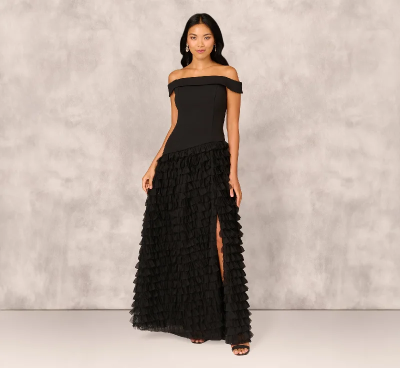 formal dresses with detachable trains for versatility --Combo Fabric Drop Waist Ballgown In Black