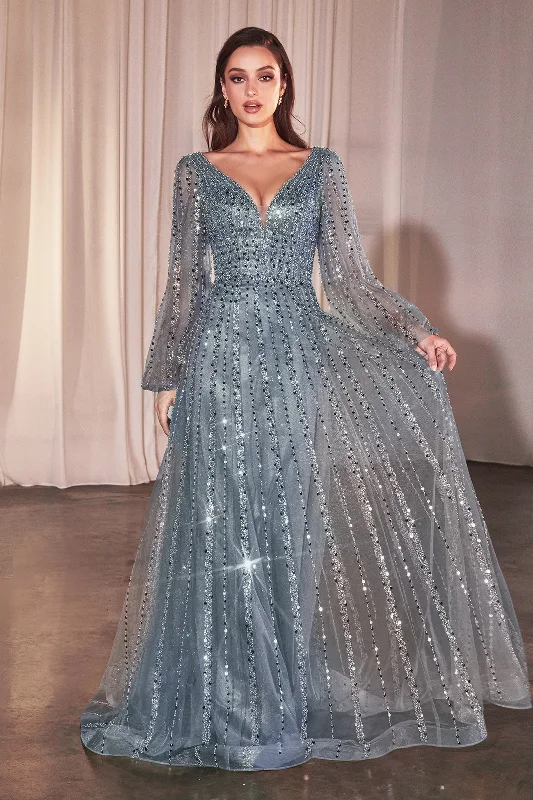 Perfect wedding guest dresses for evening cocktail receptions -Beaded Long Sleeve A-line Gown by Ladivine CD0240