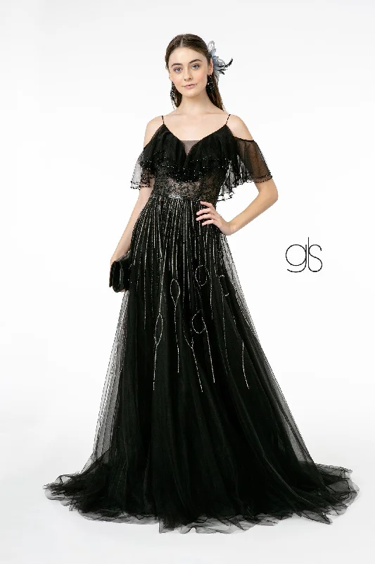 cocktail dresses with beaded embellishments for glam look --Flounced Long Cold Shoulder Dress by Elizabeth K GL1809