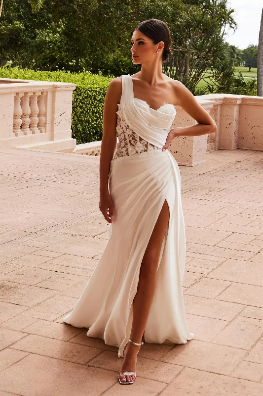 cocktail dresses with adjustable straps for comfortable fit --One Shoulder Slit Bridal Gown by Nox Anabel E1526W