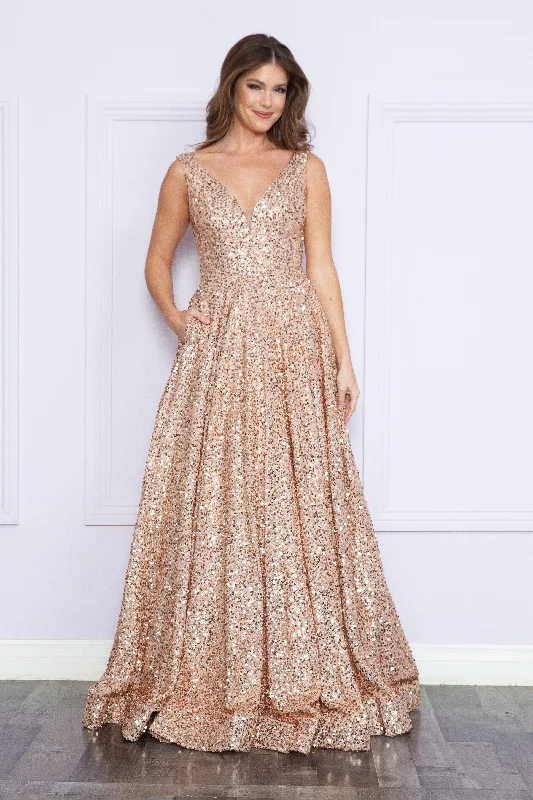 formal dresses with sequined bodices for sparkle --Long Sequin V-Neck A-line Dress by Poly USA 9168