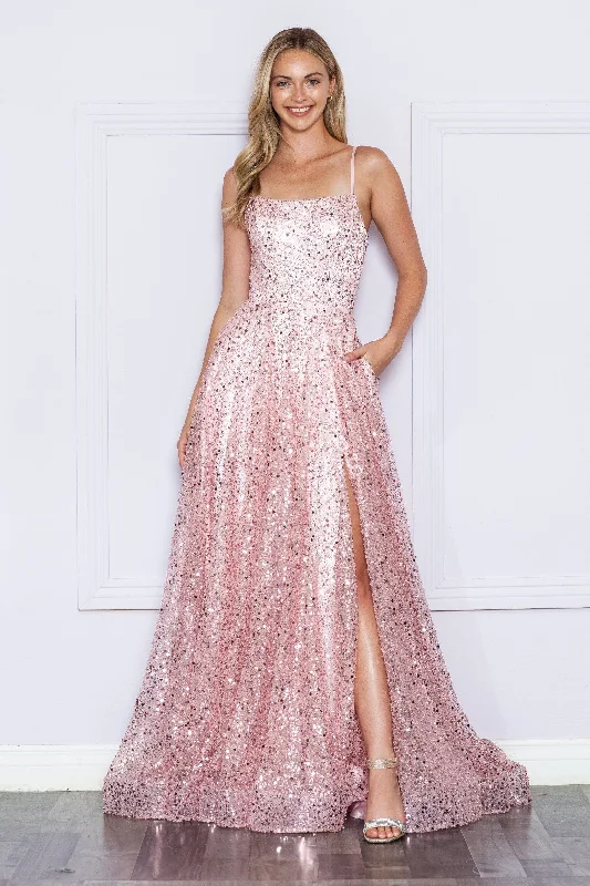 formal dresses with off-shoulder sleeves for summer events --Sequin Sleeveless A-line Slit Gown by Poly USA 9290