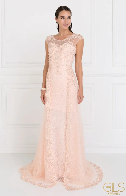 Best wedding guest dresses for springtime celebrations -Embroidered Long Blush Cap Sleeve Lace Dress by Elizabeth K GL1539