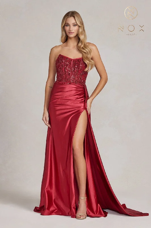 cocktail dresses with metallic thread for shimmer --Embroidered Strapless Slit Gown by Nox Anabel E1174