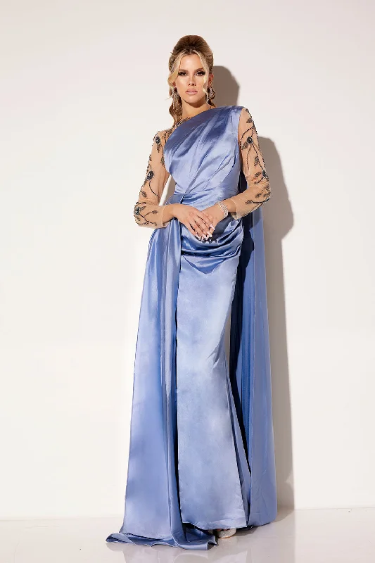 long sleeve cocktail dresses in velvet for winter weddings --Satin Fitted One Shoulder Gown by Lucci Lu C8066