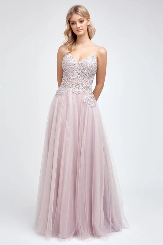 cocktail dresses with open shoulder designs for summer --Embroidered Bodice A-line Tulle Gown by Juliet 212