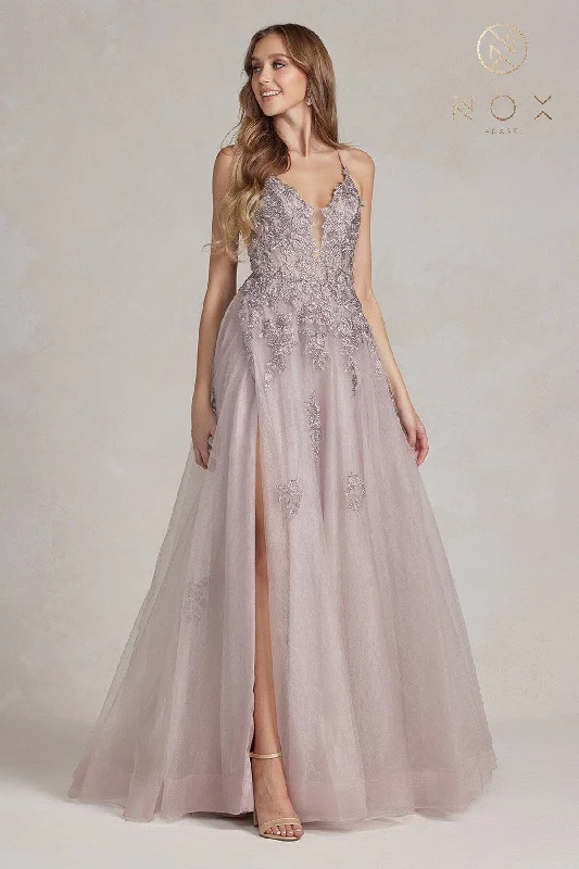 Soft pastel wedding guest dresses for a dreamy look -Floral Applique Tulle A-line Gown by Nox Anabel G1149