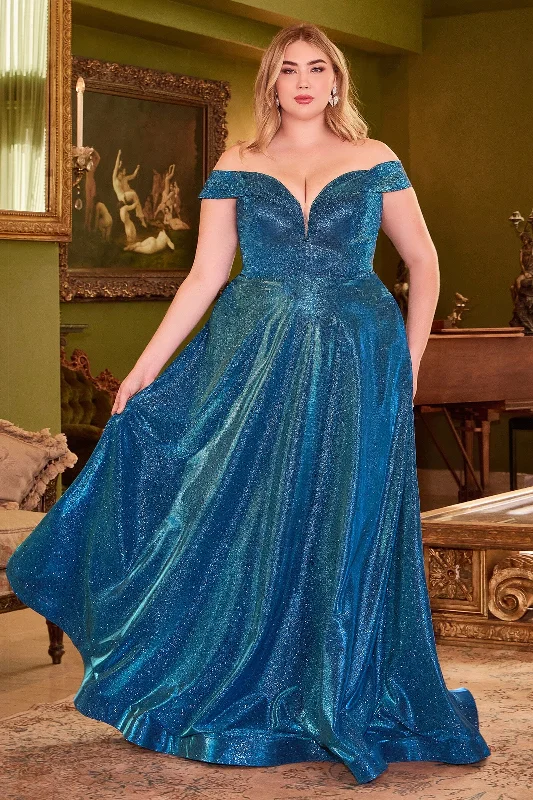 Best wedding guest dresses for formal and semi-formal events -Plus Size Off Shoulder Metallic Gown by Cinderella Divine CD210C