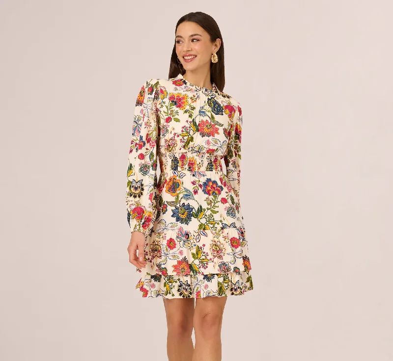 Wedding guest dresses for rustic barn weddings -Floral Print Dress With Long Bishop Sleeves In Ecru Multi