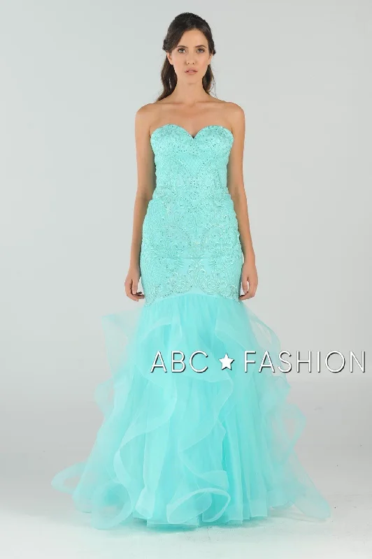How to choose wedding guest dresses for a formal ceremony -Long Strapless Mermaid Dress with Ruffled Skirt by Poly USA 8198
