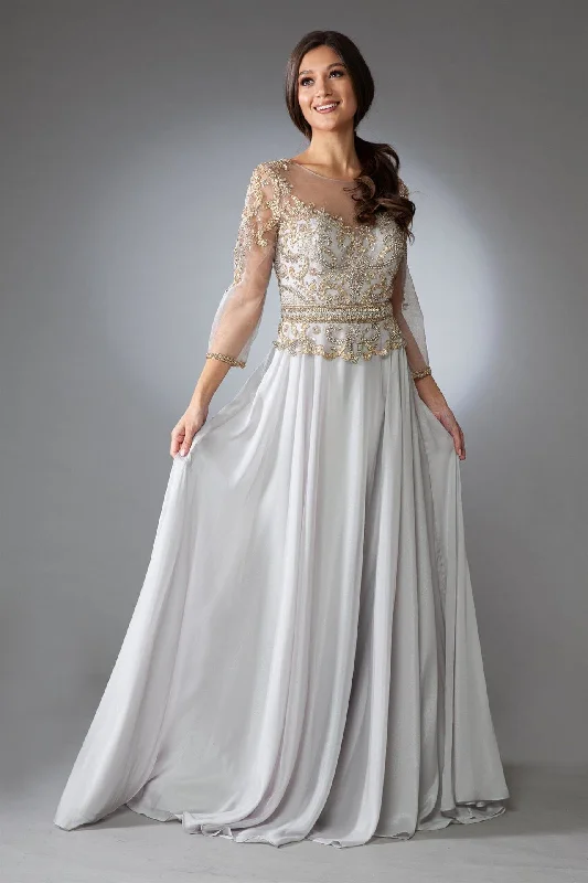 Wedding guest dresses with subtle metallic accents for evening glam -Beaded 3/4 Sleeve Velvet Chiffon Gown by Amelia Couture 7041