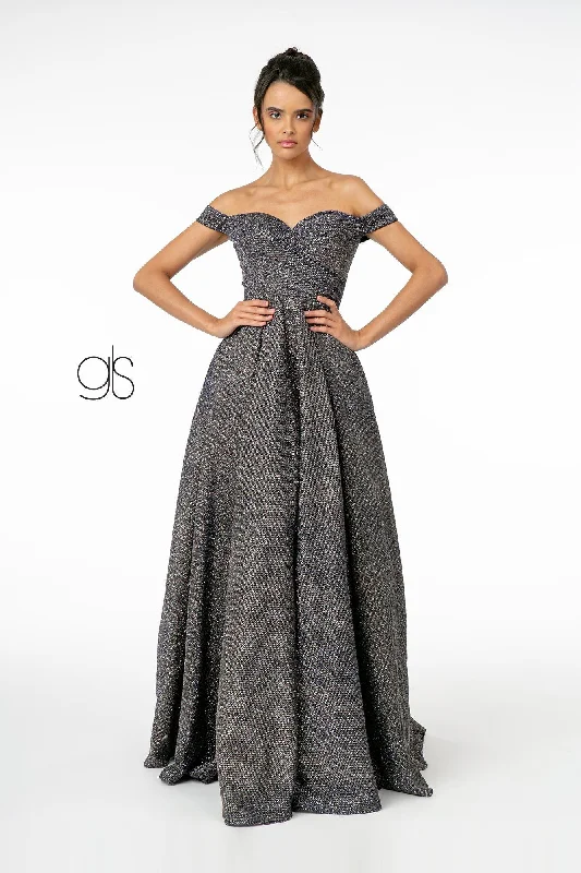 cocktail dresses with mesh necklines for modern appeal --Metallic Glitter Long Off Shoulder Dress by Elizabeth K GL1827