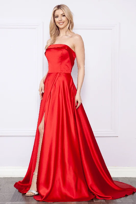formal dresses with detachable sleeves for multiple looks --Long Strapless Satin Dress by Poly USA 9188