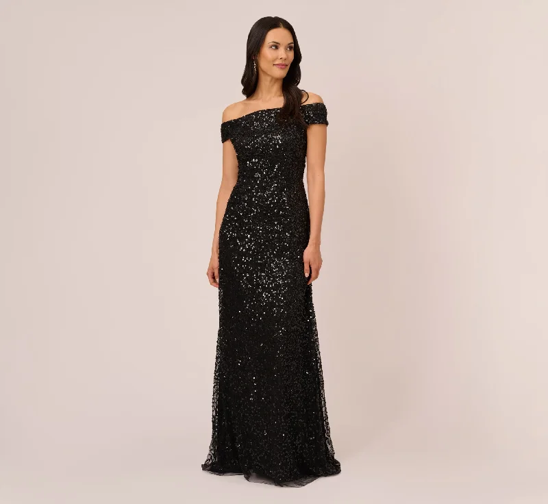 formal dresses for maternity with stretchy waistbands --Off The Shoulder Sequin Beaded Gown In Black