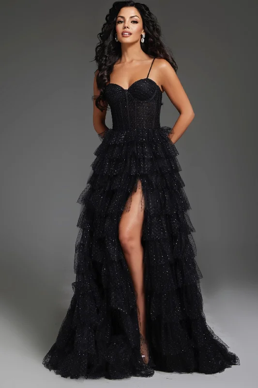 cocktail dresses with off-shoulder necklines for feminine charm --Sleeveless A-line Tiered Slit Gown by Jovani 38278